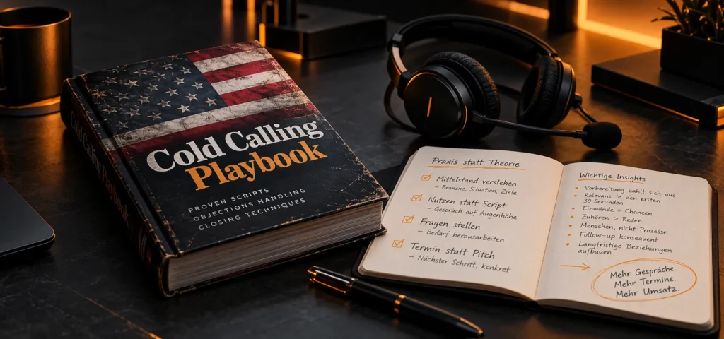 B2B Cold Calling Playbook mit US-Flagge auf dem Schreibtisch, daneben Headset und Notizbuch mit handschriftlichen Gesprächsnotizen