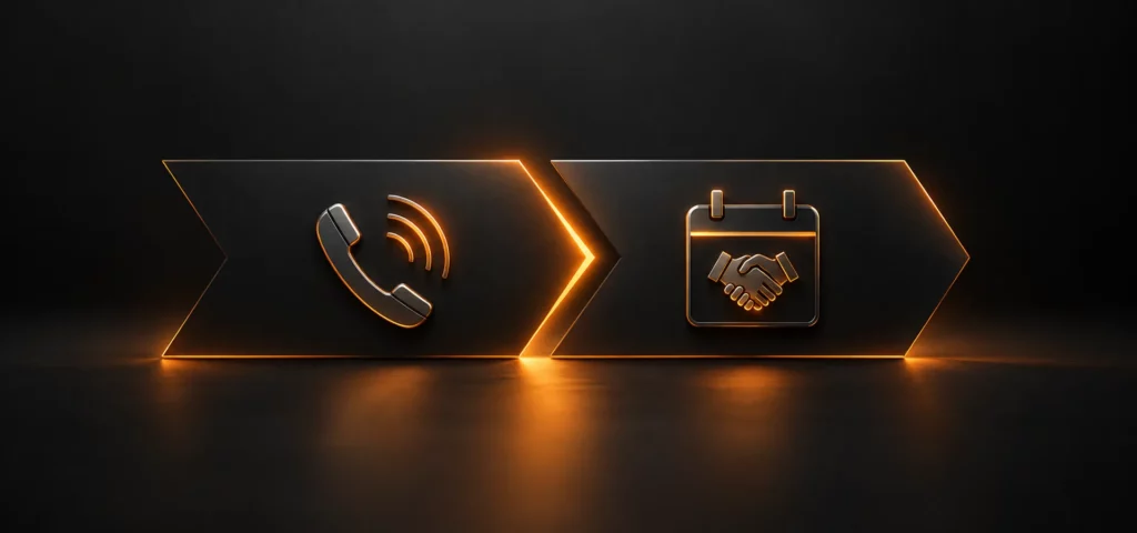 Zweistufige Telefonakquise: zwei orange leuchtende Pfeile, links ein Telefonhörer als Symbol für den Akquiseanruf, rechts ein Kalenderblatt mit Handschlag als Symbol für den Termin